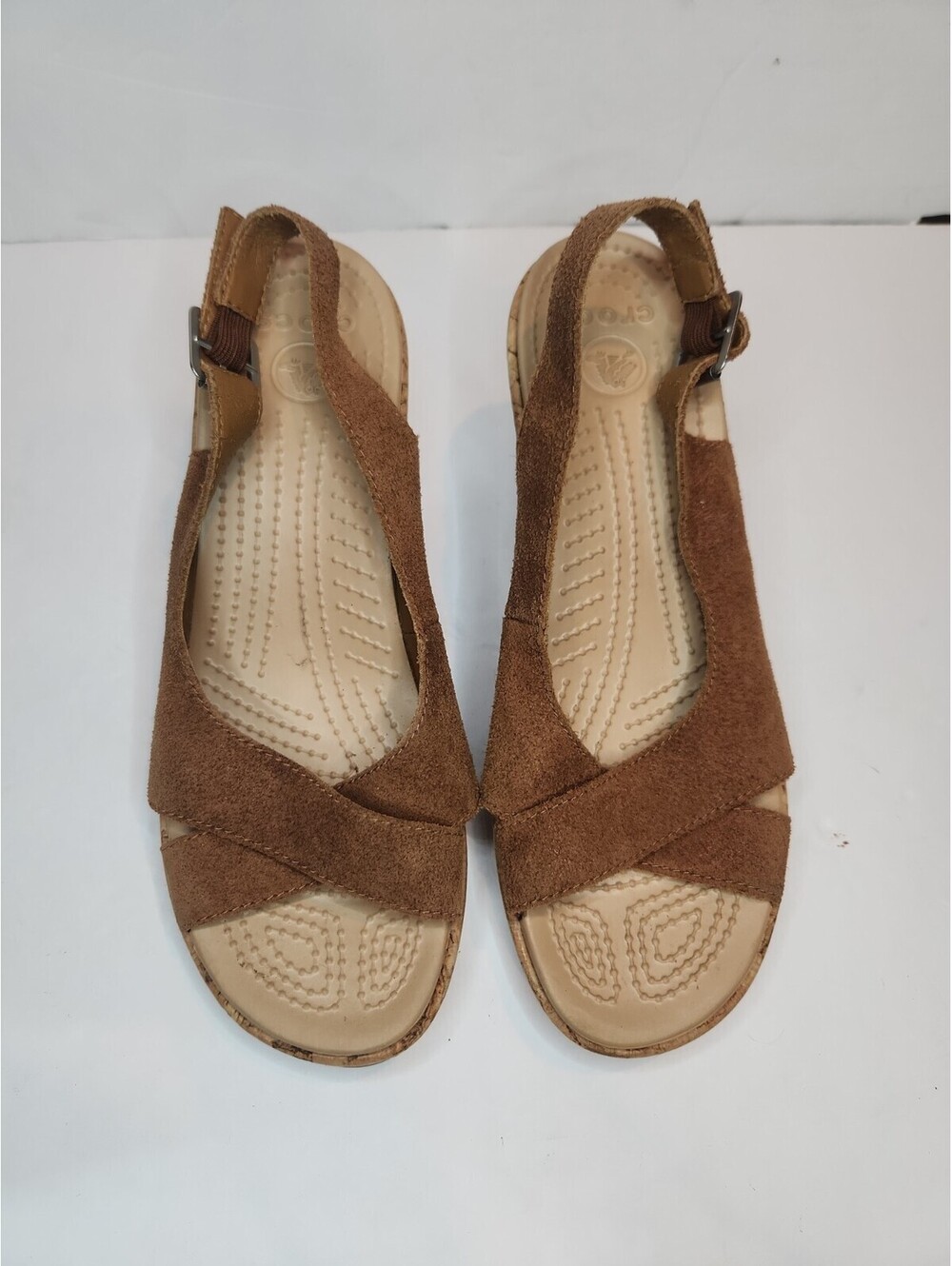 Crocs A-Leigh Women's 9 Tan Suede Criss Cross Slingback Open Toe Wedge Sandals